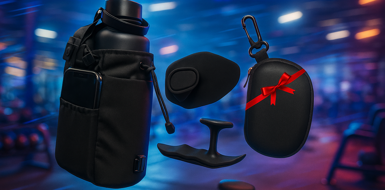 Black gym essentials including a water bottle holder, weight plate, and black case with a red bow on a blurred gym background.